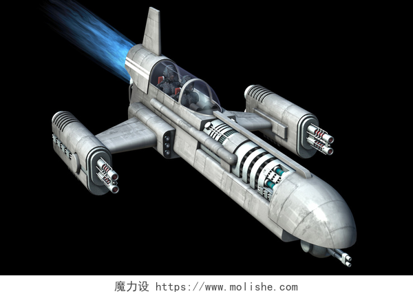 黑色背景上的飞船上3D渲染在黑色背景上隔离的宇宙飞船